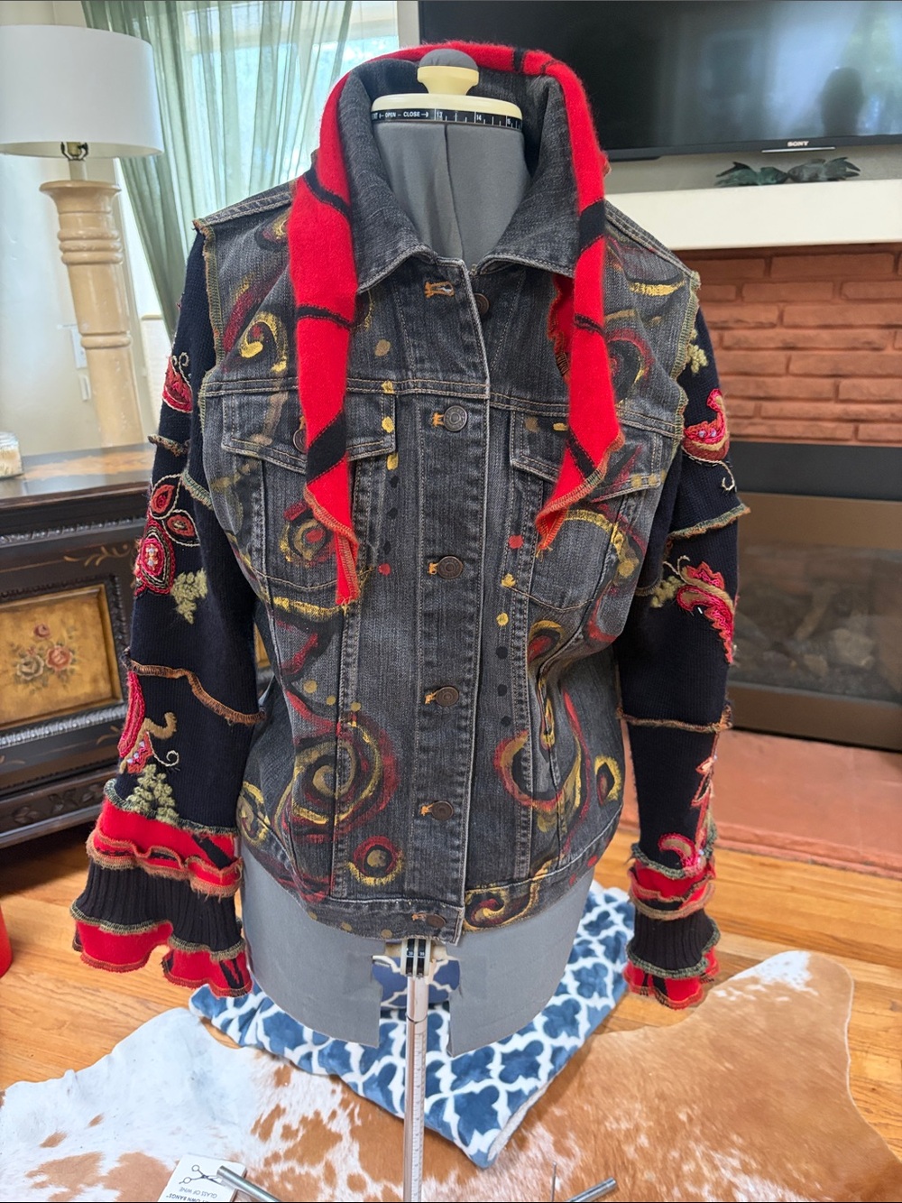 Women's Black Washed Denim Jacket with Red & Gold Embroidered Accents